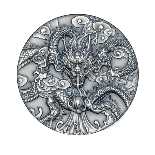 Thumbnail 5 troy ounce silver dragon art coin 2024 antique finish front