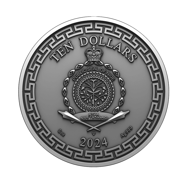 5 troy ounce silver dragon art coin 2024 antique finish back