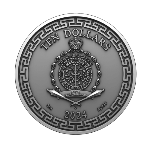 Thumbnail 5 troy ounce silver dragon art coin 2024 antique finish back