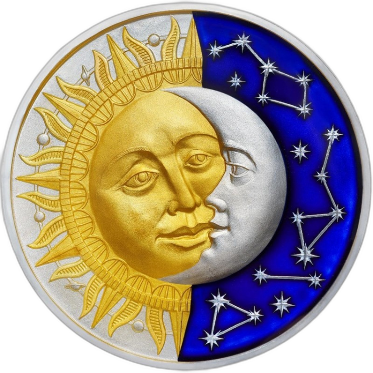 2 Troy ounce silver coin Sun and Moon front