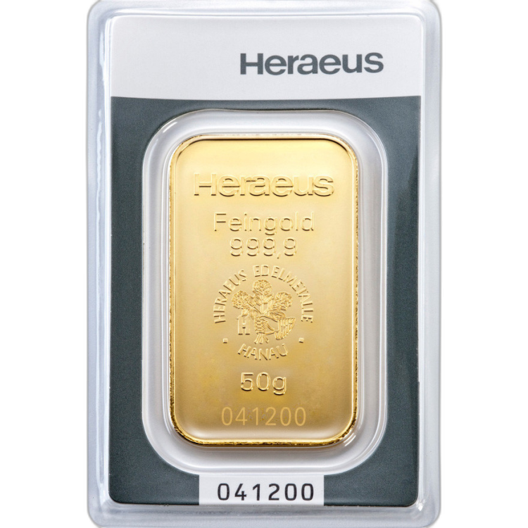 50g Heraeus Goldbarren Verschiedene Jahre front