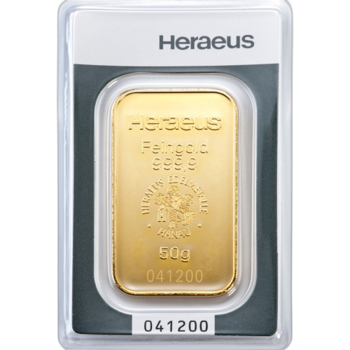 Thumbnail 50g Heraeus Goldbarren Verschiedene Jahre front