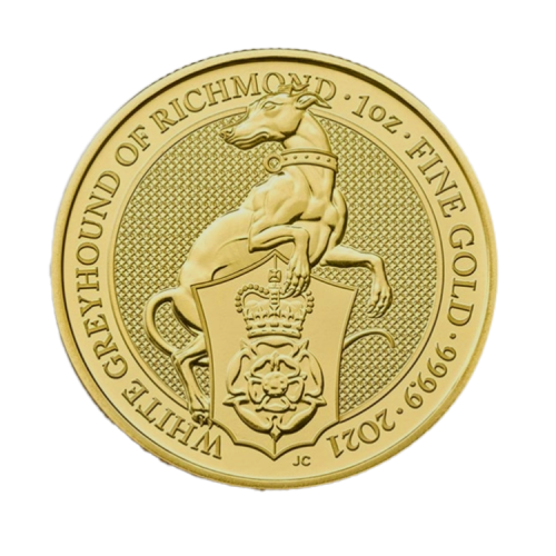 Thumbnail 1 troy ounce gouden Queens Beasts White Greyhound munt voorkant