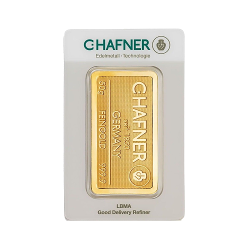 Thumbnail C. Hafner 50 gram gold bar obverse
