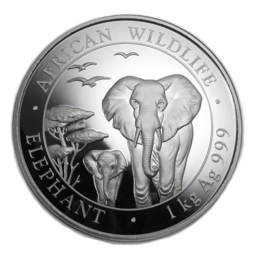 Thumbnail 1 kilo zilveren munt Somalische Olifant voorkant