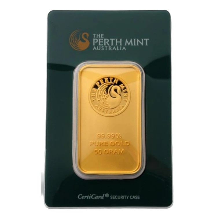 50g Perth Mint Goldbarren front