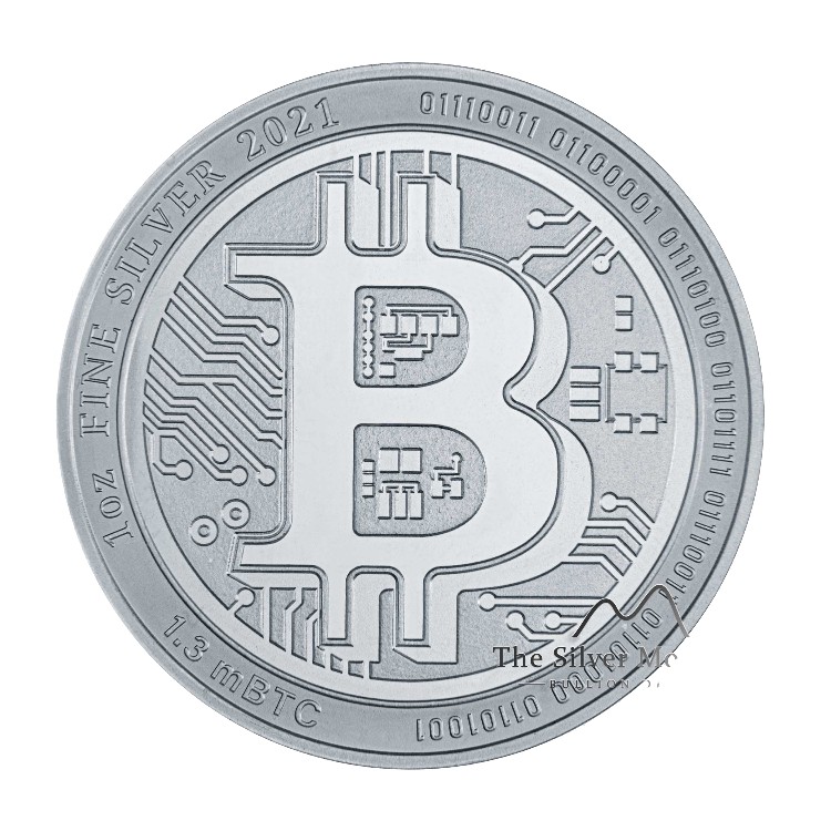 Voorzijde zilveren Bitcoin munt