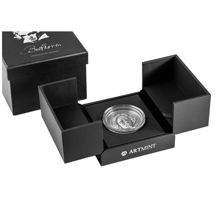 3 troy ounce zilveren munt Beethoven - antieke afwerking 2020 perspectief 4