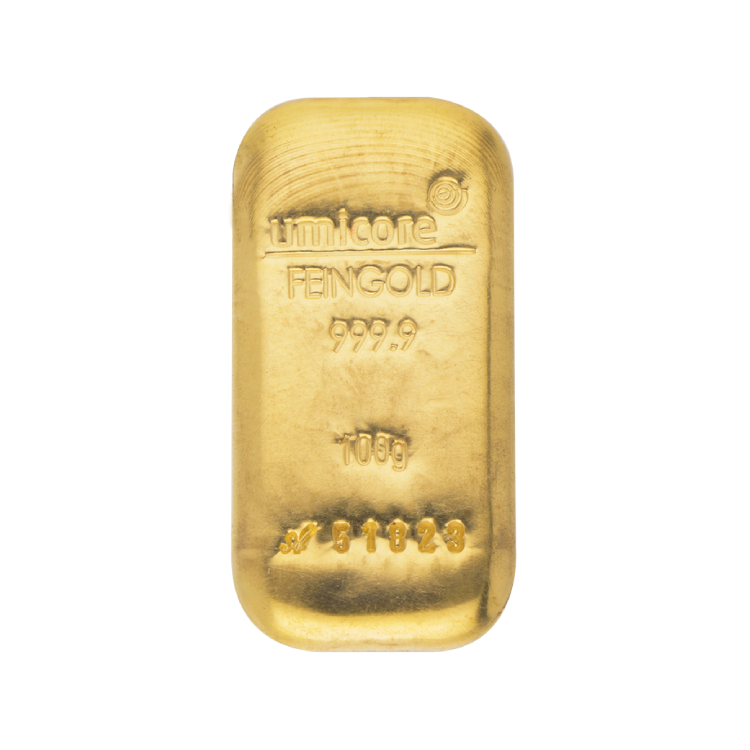 100g Umicore Goldbarren front