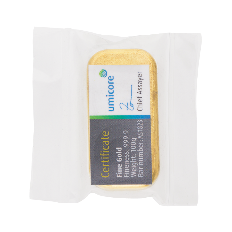 100g Umicore Goudbaar achterkant