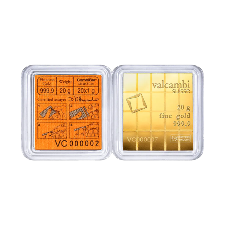 20 x 1g Valcambi Gold Combibar front