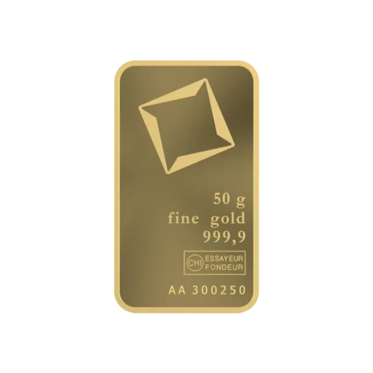 barre d'or Valcambi de 50 grammes angle 1