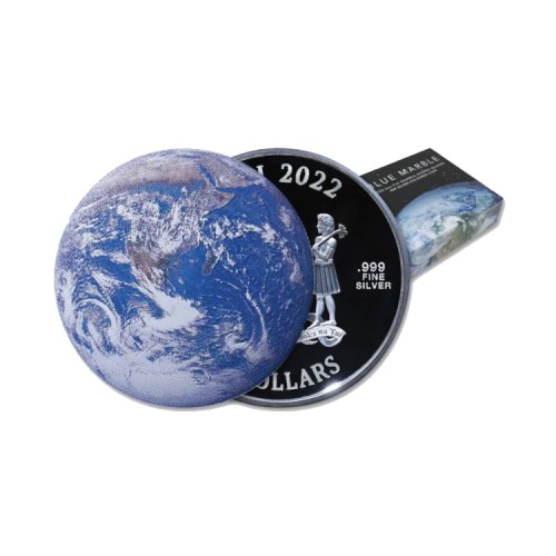 Thumbnail 1 troy ounce silver coin blue marble dome shaped 2022 Proof angle 3