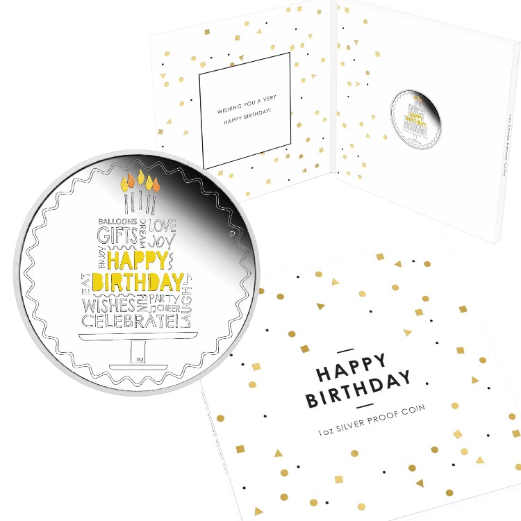 1 troy ounce zilveren munt Happy Birthday 2022 Proof perspectief 4