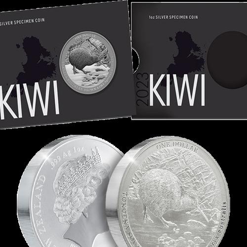 Thumbnail 1 troy ounce zilveren Kiwi munt 2023 specimen perspectief 3