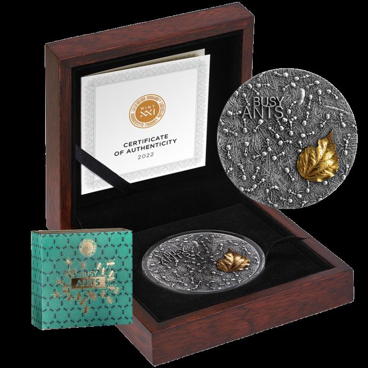 2 troy ounce zilveren munt Drukke Mieren - antieke afwerking 2022 perspectief 3