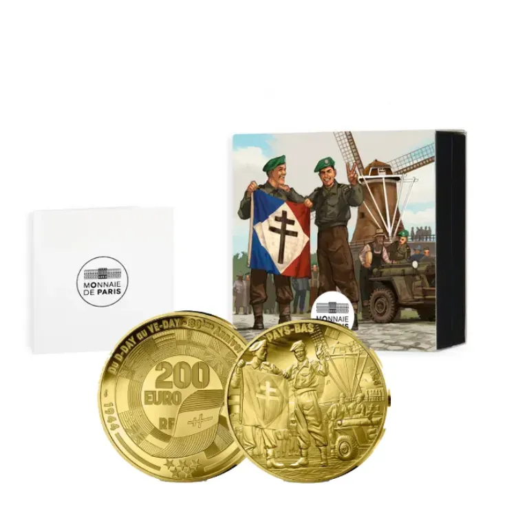 1  troy ounce gouden V-E DAY 80th anniversary munt perspectief 1