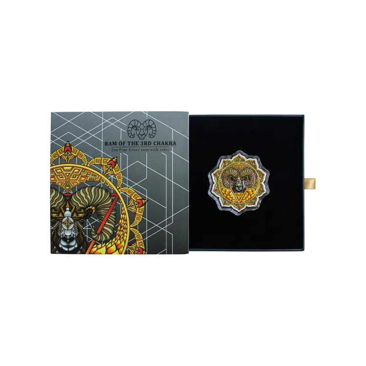 2 troy ounce zilveren munt Ram van de 3de chakra 2022 Proof perspectief 1