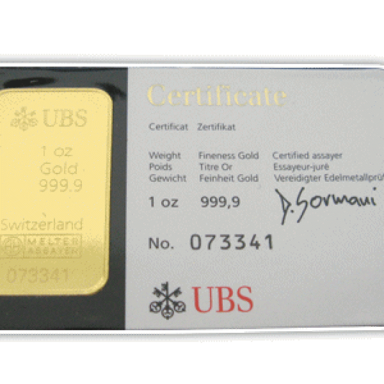 1 oz UBS Gold Bar Mixed Years front