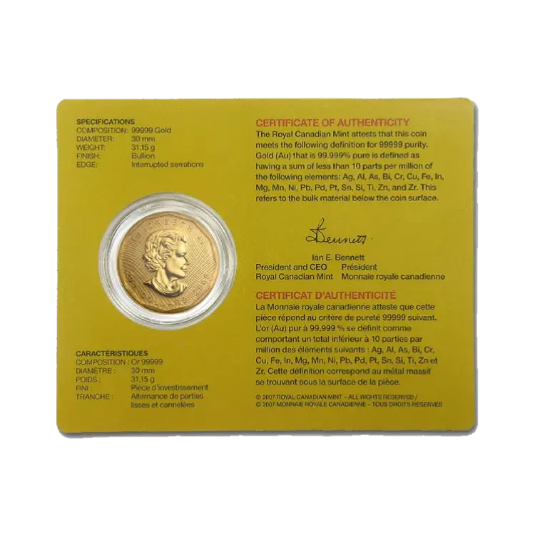 1 oz Royal Canadian Mint Gold Coin 2008 back