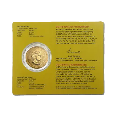 Thumbnail 1 oz Royal Canadian Mint Gold Coin 2008 back