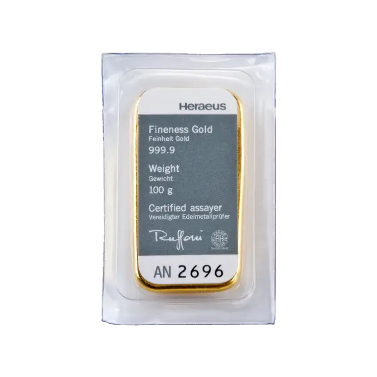 100g Heraeus Lingot d'Or angle 2