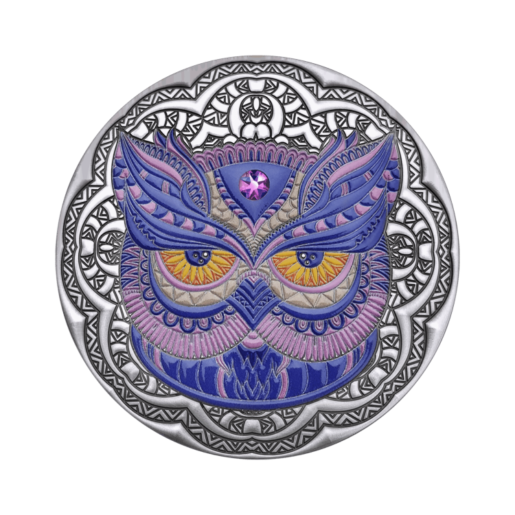 2 troy ounce zilveren munt Mandala Owl - antieke afwerking 2020 voorkant
