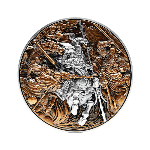 Thumbnail 2 troy ounce zilveren munt Lü Bü strijd 3 helden 2021 - antieke afwerking voorkant