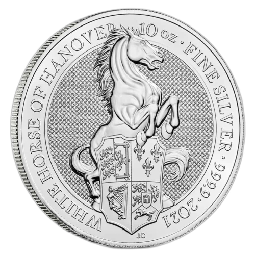 Thumbnail 10 oz Queens Beasts Zilveren Munt 2021 voorkant