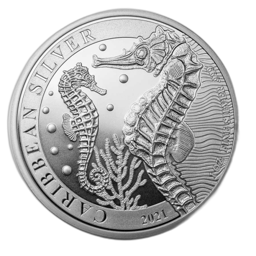Thumbnail 1 troy ounce zilveren munt Caribbean Seahorse 2021 voorkant