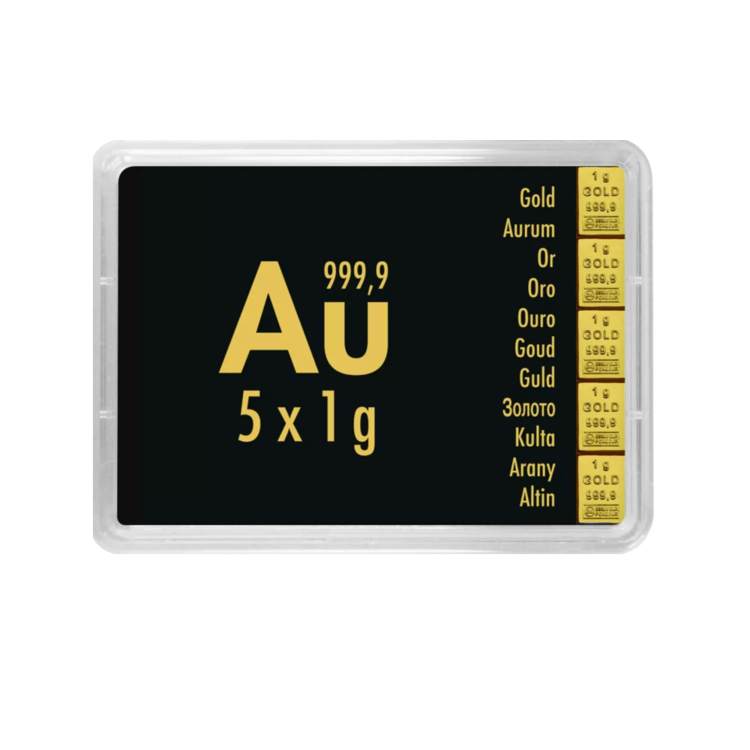 5 x 1g Valcambi Gold Combibar front