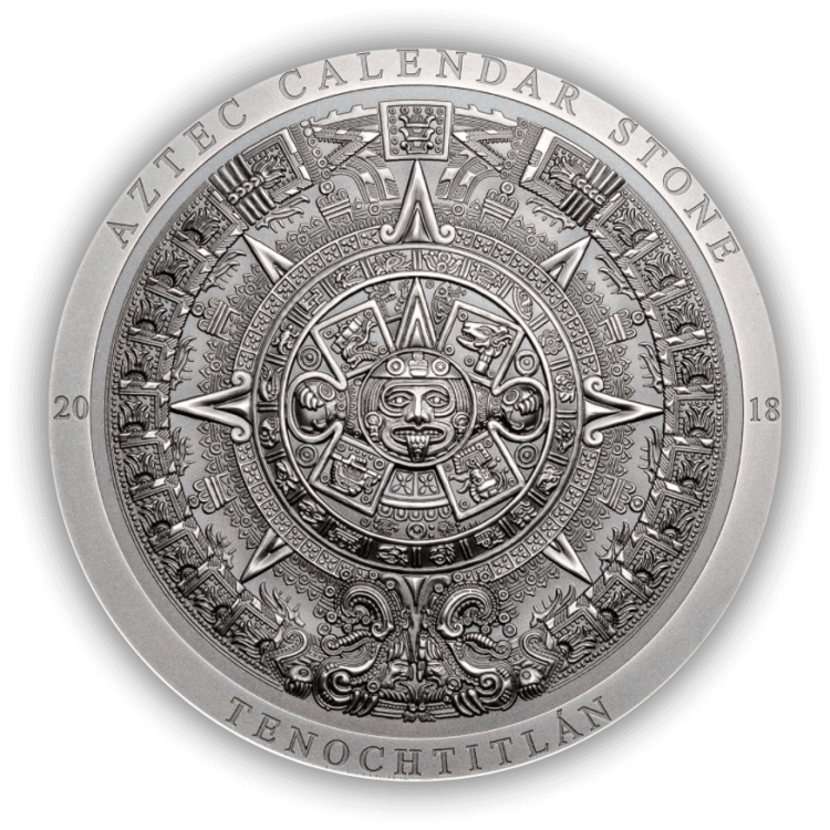 3 Troy ounce zilveren de Azteekse kalendersteen munt 2018 voorkant