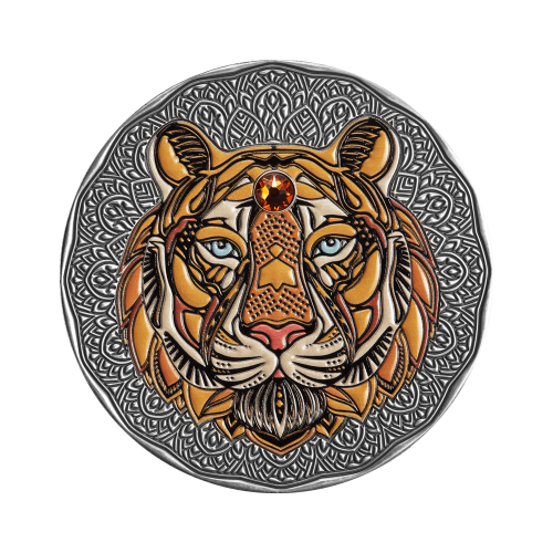 Thumbnail 2 troy ounce zilveren munt Mandala Tijger antieke afwerking 2022 voorkant