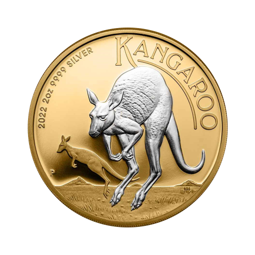 Thumbnail 2 troy ounce zilveren munt Australian kangaroo 2022 verguld voorkant