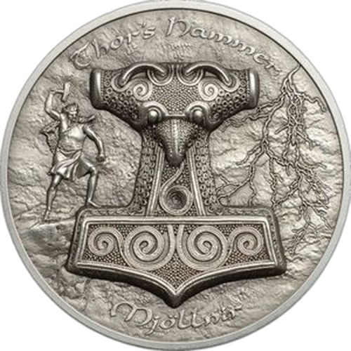 Thumbnail 2 troy ounce zilveren munt Thor Hammer Mjollnir 10$ Cook Islands 2016 front
