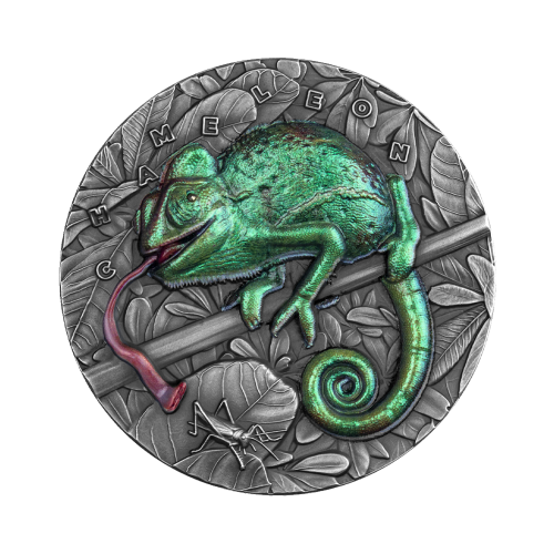 Thumbnail 3 troy ounce zilveren munt Geweldige Dieren Kameleon - antieke afwerking 2021 voorkant
