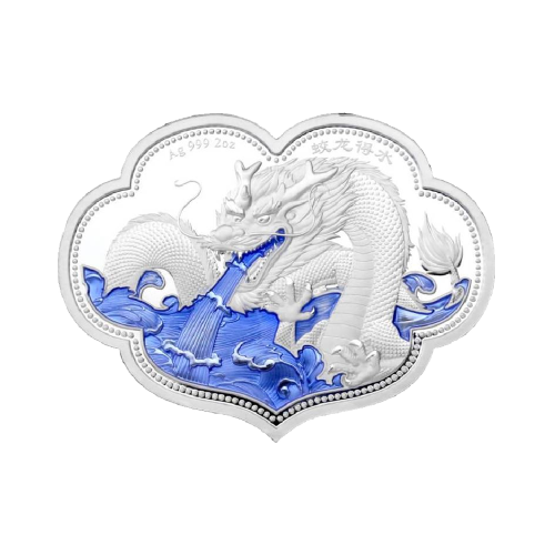 Thumbnail 2 troy ounce zilveren draak krijgt water munt - proof voorkant