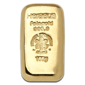 100g Gold Bullion | Heraeus Gold Bar | casted(Front)