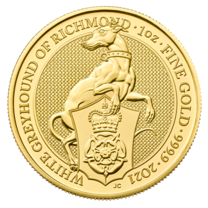 1 oz Queen's Beasts White Greyhound of Richmond Gold Coin (2021)(Front)