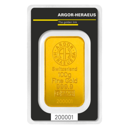100g Gold Bar | Argor Heraeus | Minted(Front)