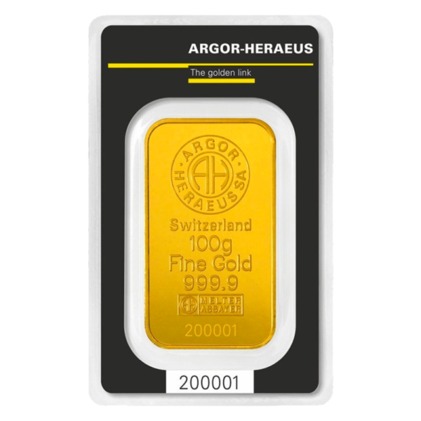 100g Gold Bar | Argor Heraeus | Minted(Front)