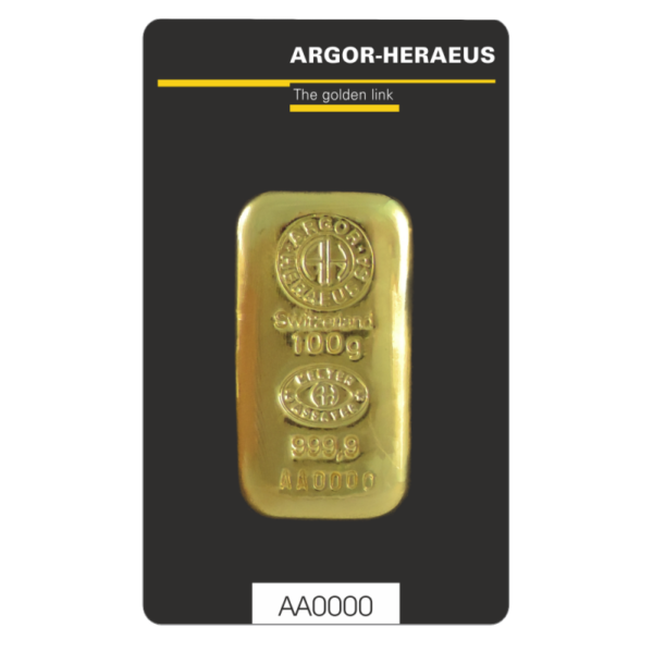 100g Gold Bar | Argor Heraeus | casted(Front)